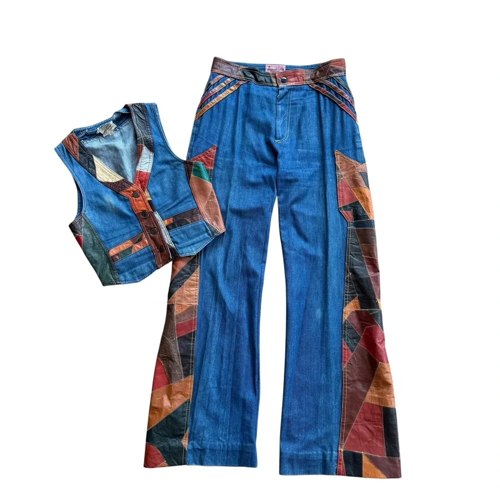 Vintage 70s Aura Denim Leather Patchwork 2 Piece Set Vest Flare Pants M 13/14 - Picture 1 of 12